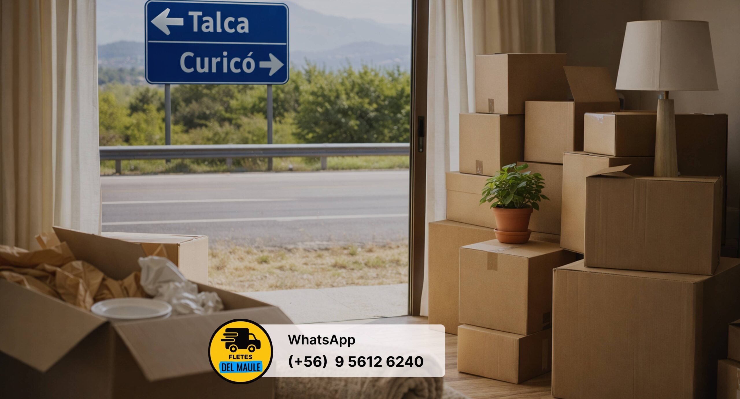 Cajas de mudanza listas dentro de una casa con señal de carretera indicando Talca y Curicó durante un traslado entre ciudades en Chile