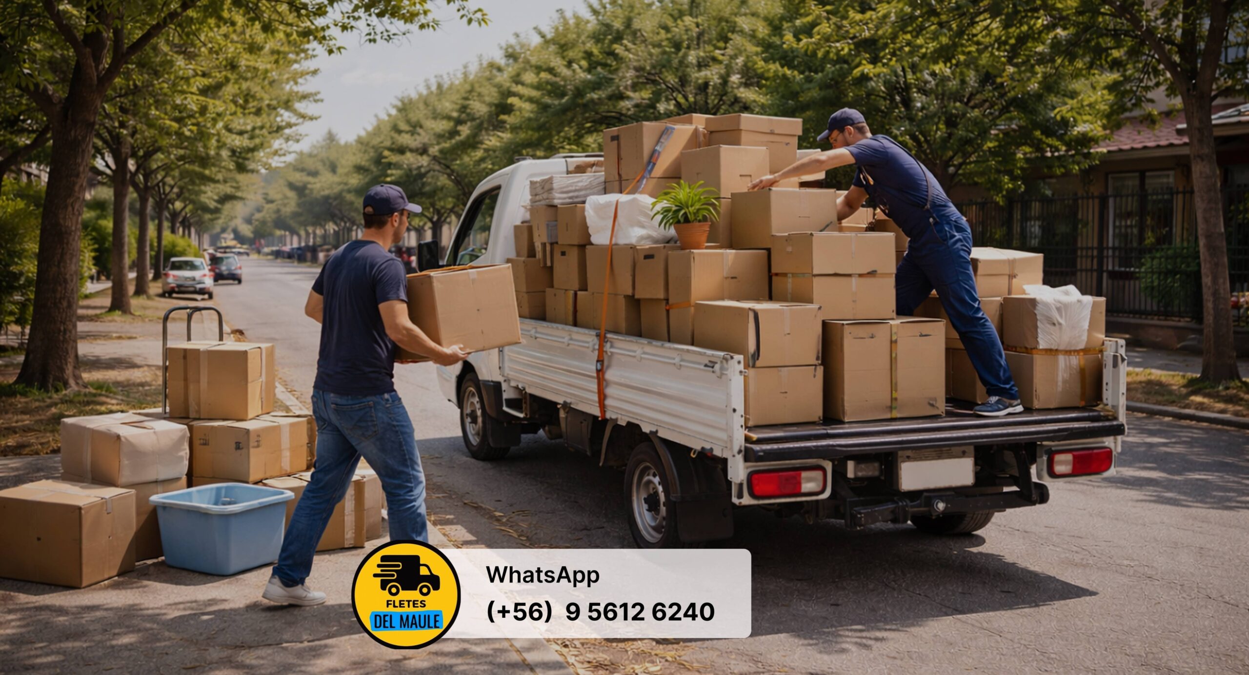 Trabajadores cargando cajas en un camión de mudanza en una calle residencial de Talca Chile durante una mudanza económica