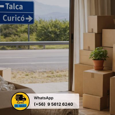 Cajas de mudanza listas dentro de una casa con señal de carretera indicando Talca y Curicó durante un traslado entre ciudades en Chile