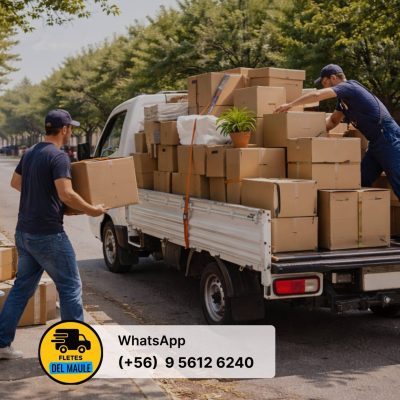 Trabajadores cargando cajas en un camión de mudanza en una calle residencial de Talca Chile durante una mudanza económica
